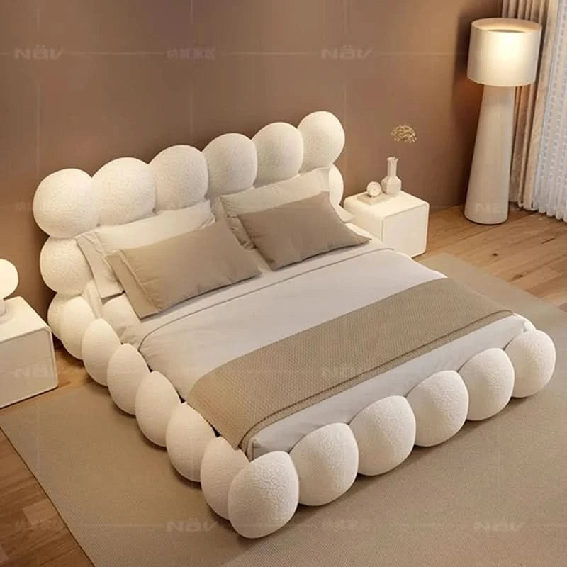 Beauty Cream Cloud Bed Large Size White Rectangle Minimalist Safe Bed Upholstery European Cama Matrimonial Home Furniture