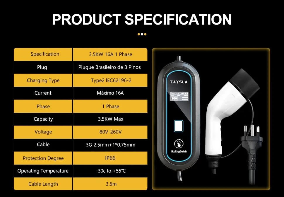 TAYSLA Type 2 Portable Electric Vehicle Charger 3.5KW Brazilian Electric Vehicle Charging Cable Plug