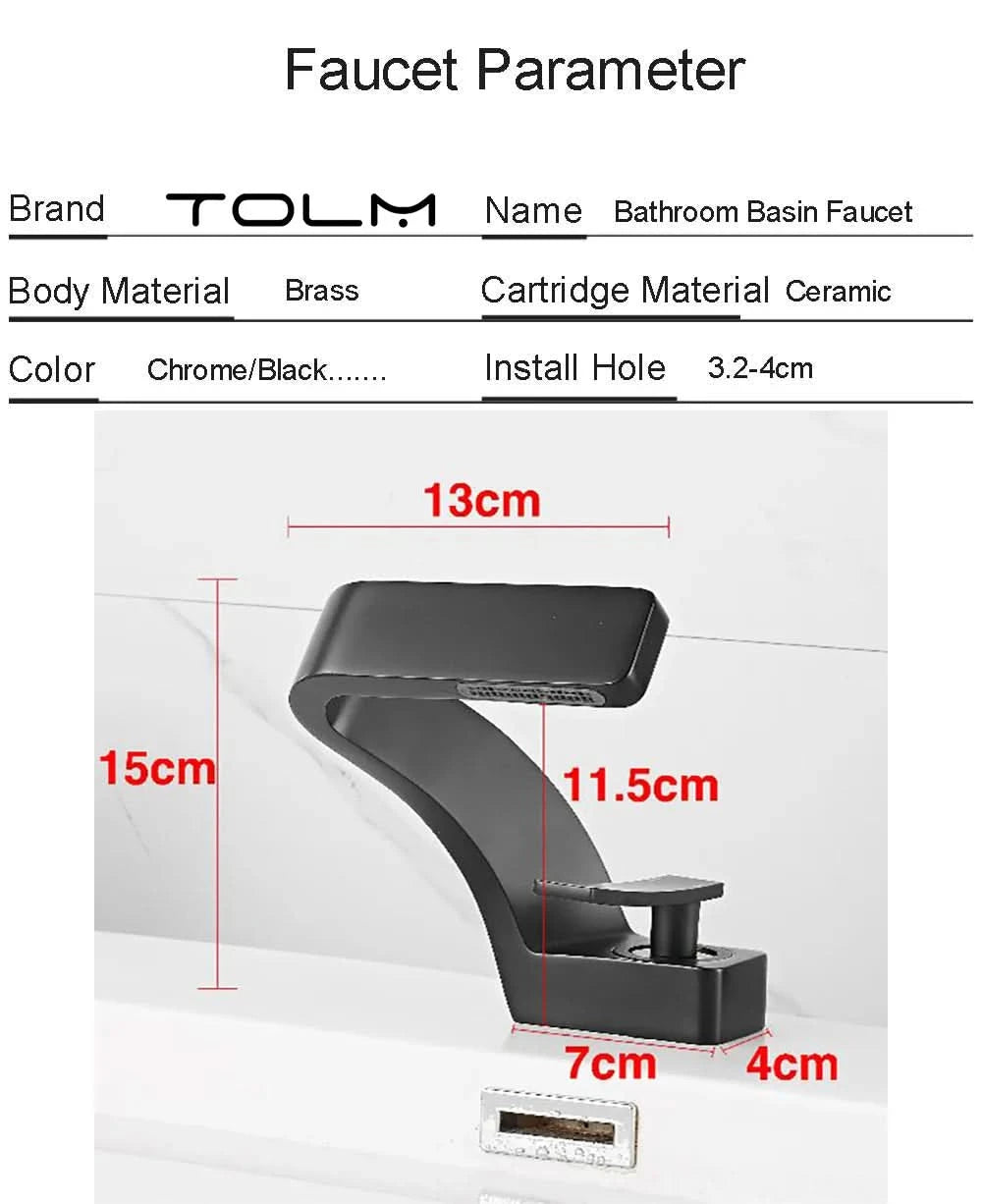 TOLM Brass Black Gold Basin Faucet Bathroom Sink Faucets Hot Cold Water Mixer Crane Deck Mounted Single Handle Hole Bath Kitchen