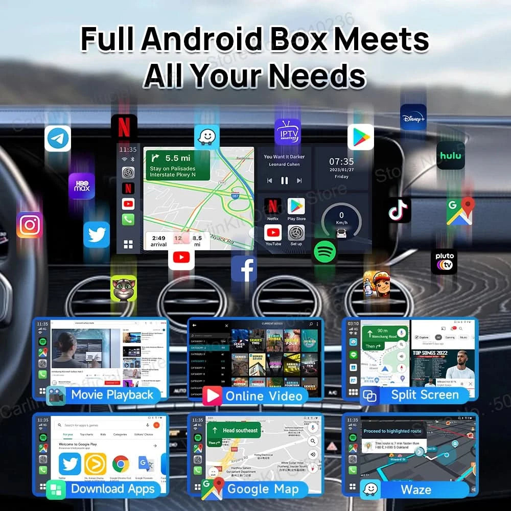 CarlinKit S2 CarPlay Ai Box LED Android 13 Streaming Box 64G/128G Qualcomm 8-Core Split Screen Smartes Fahrzeugsystem Wiedergabe von Videos