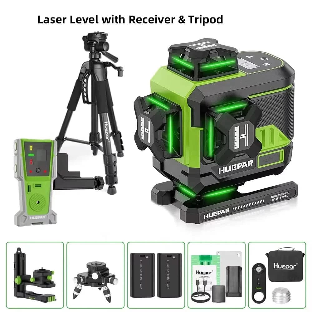 Huepar 16 Lines 4D Self-Leveling Laser Level 4x360°Cross Line Laser with LCD Screen Bluetooth & Remote Control 2x Battery Z04CG