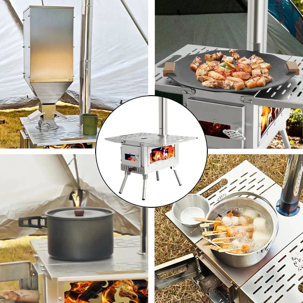 Camping Wood Stove Fire View Side Glass Portable Folding Wood Burner with Chimney Stainless Steel Tent Heater for Ice Fishing