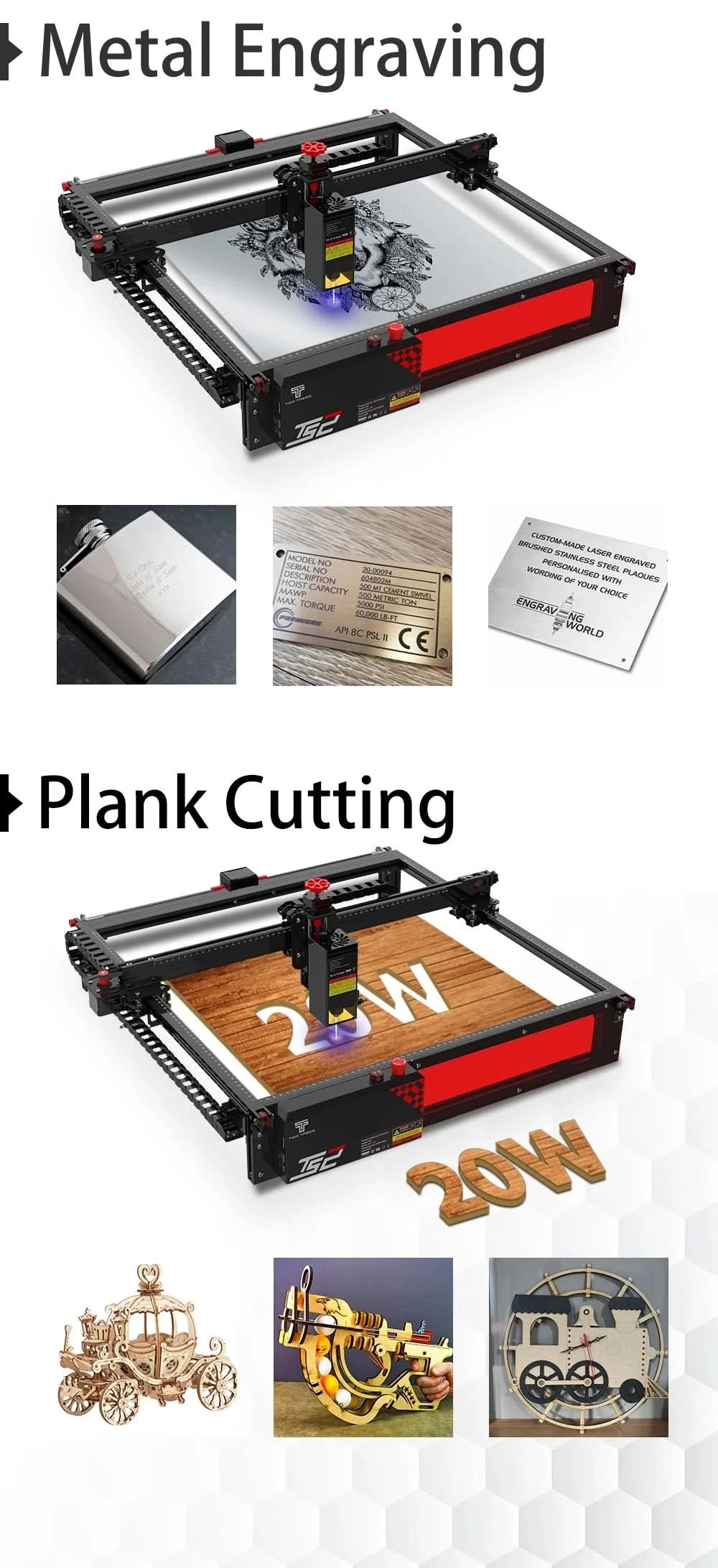 TWOTREES TS2 Metal Laser Engraving Machine 22W Laser Cutting 12mm Wood Acrylic Engraving Size 410*410mm