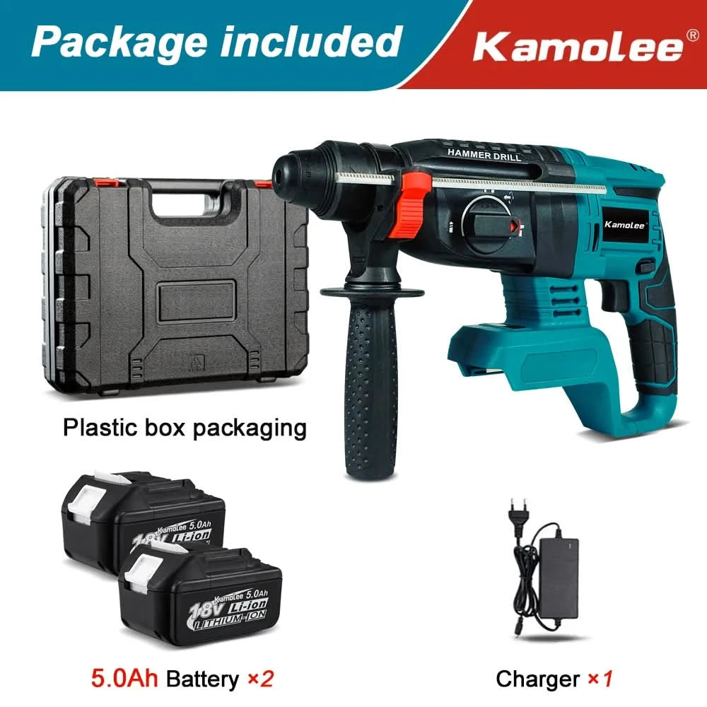 Kamolee 2000W 10600IPM Brushless Cordless Rotary Hammer Drill Rechargeable Electric Hammer Impact Drill