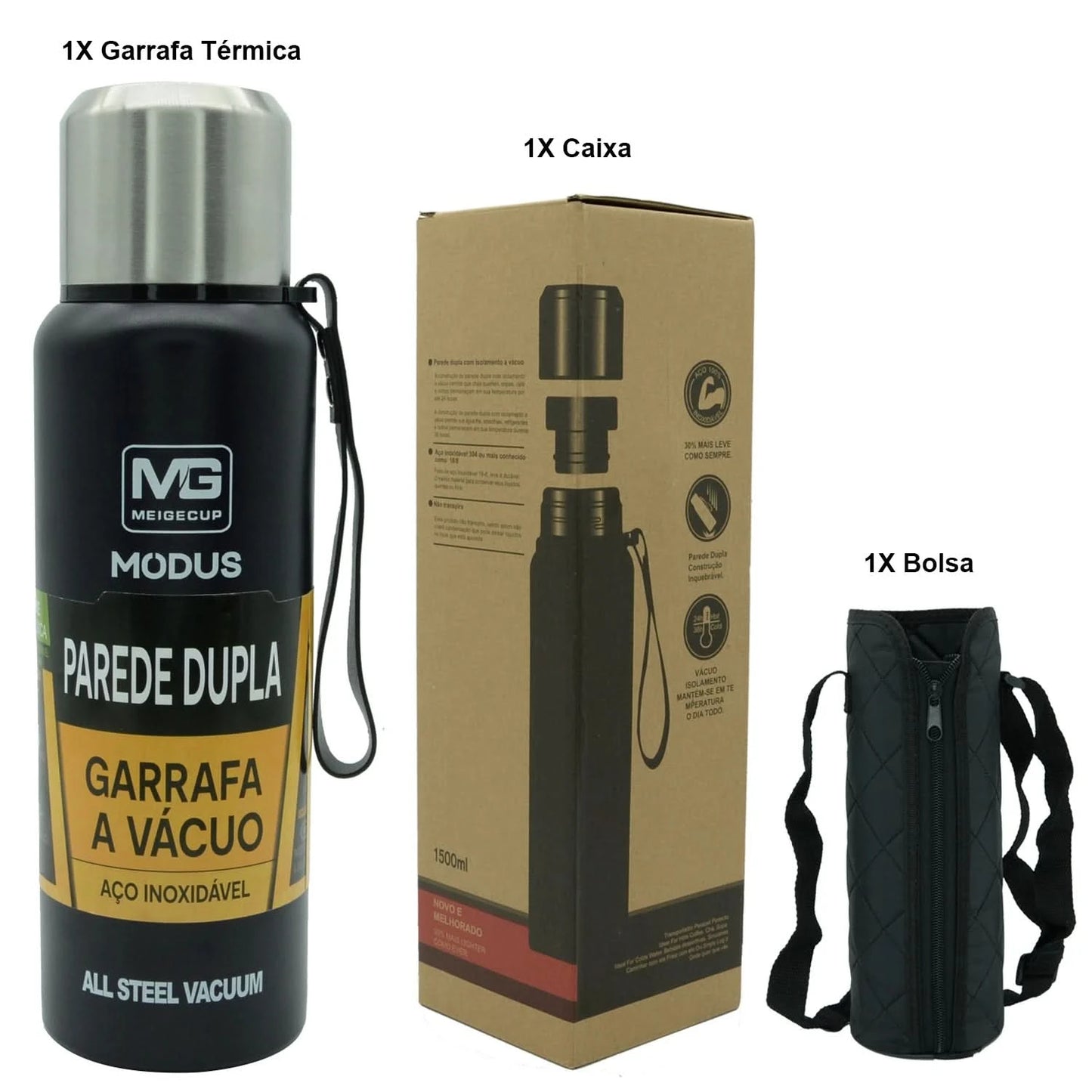 MODUS Tragbare Edelstahl-Thermosflasche, vakuumisolierter Becher mit Kordel, 1000, 1500ml