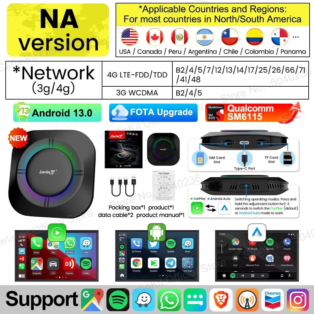 CarlinKit S2 CarPlay Ai Box LED Android 13 Streaming Box 64G/128G Qualcomm 8-Core Split Screen Smartes Fahrzeugsystem Wiedergabe von Videos