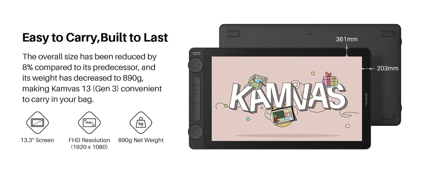 Huion Kamvas 13 Gen 3 Zeichendisplay 13,3" Zeichentablett+Anti-Glanz Glas, 99% sRGB, PenTech 4.0 16384 Stiftdrucksensitivität
