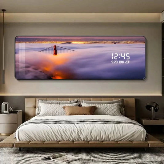 Modern Urban Night Scene Bedroom Bed Head Hanging Art Electronic Clock Landscape Architecture Living Room Sofa Background Wall D