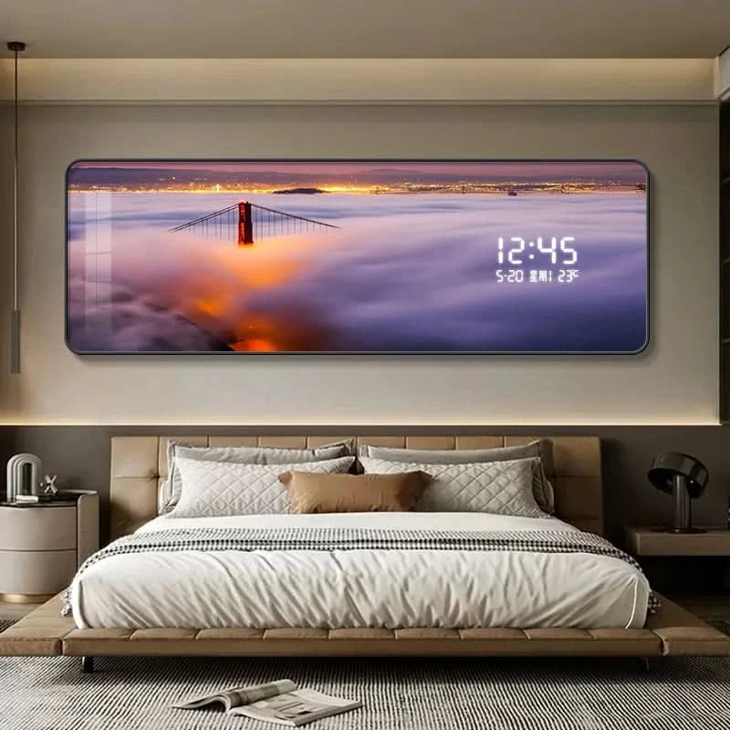 Modern Urban Night Scene Bedroom Bed Head Hanging Art Electronic Clock Landscape Architecture Living Room Sofa Background Wall D