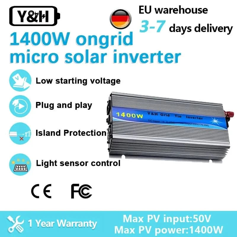 Y&H 1KW Inverter Plug And Play 1.4KW 1.3KW MPPT Solar Inverter Netzanbindung 110V 220VAC Solar Micro Inverter Reine Sinuswelle 24V/36V BAT