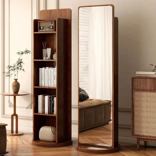 Full Length Floor Mirror Rotating Wooden Frame Bookshelf Full Body Standing Mirror Bedroom Living Room Large Luxury No Warping