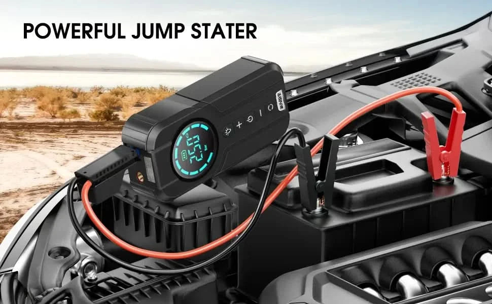 BUVAYE Auto-Multifunktions-Luftkompressor Starthilfe Luftpumpe Praktischer Reifenfüller Tragbarer Batteriestarter mit EVA-Tasche