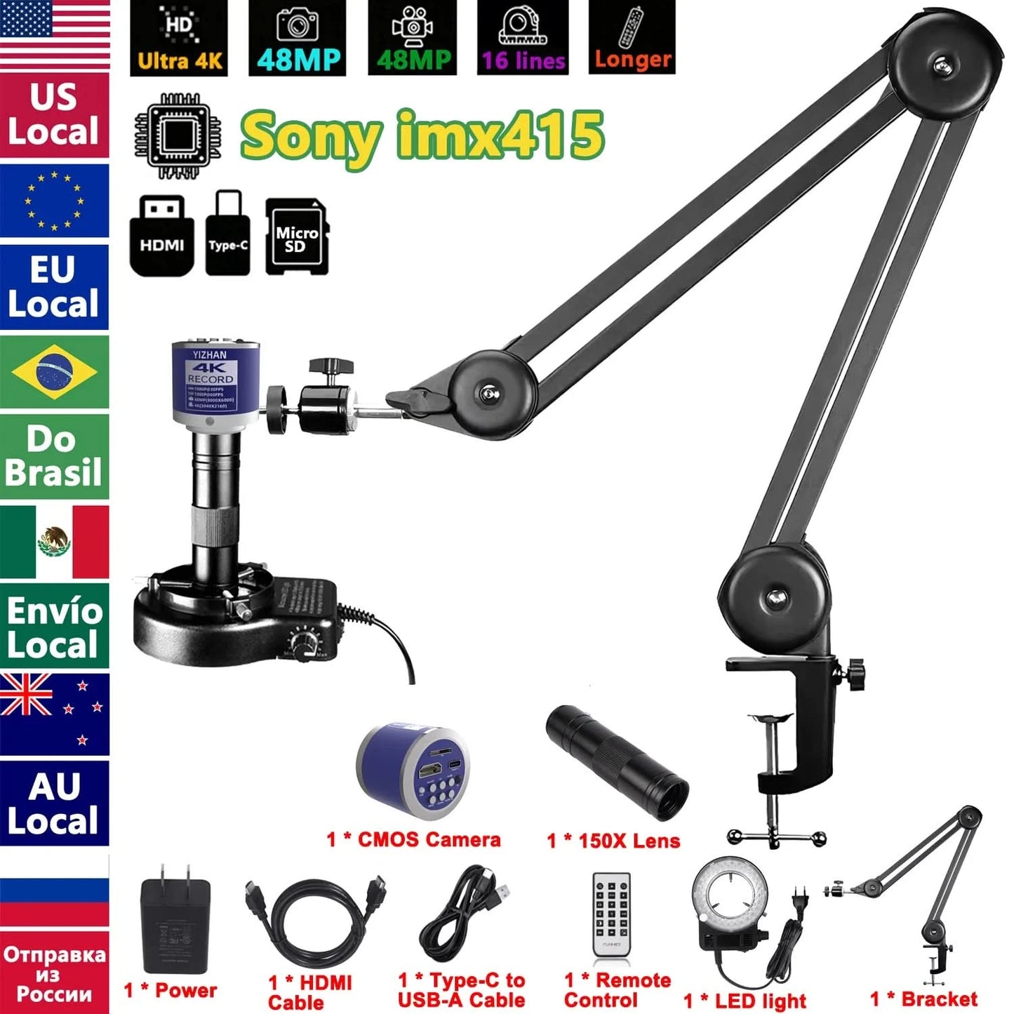 YIZHAN 4K Digital Microscope With Software, imx678 imx415 Sensor, 150X Electronic Microscope For Soldering, Reinforced Bracket