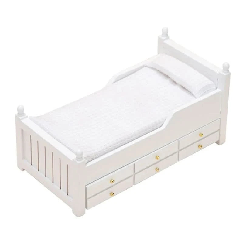 1:12 Dollhouse Miniature Bed White European Single Bed With Drawer Bedroom Furniture Model Decor Toy Doll House Accessories