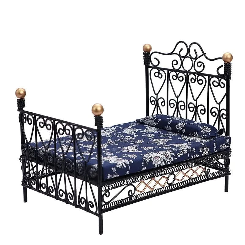 1:12 Dollhouse Mini Single/Double Bed Home Bedroom Furniture Toy Gift Living Room Furniture Model Beautiful Handmade Iron Toy