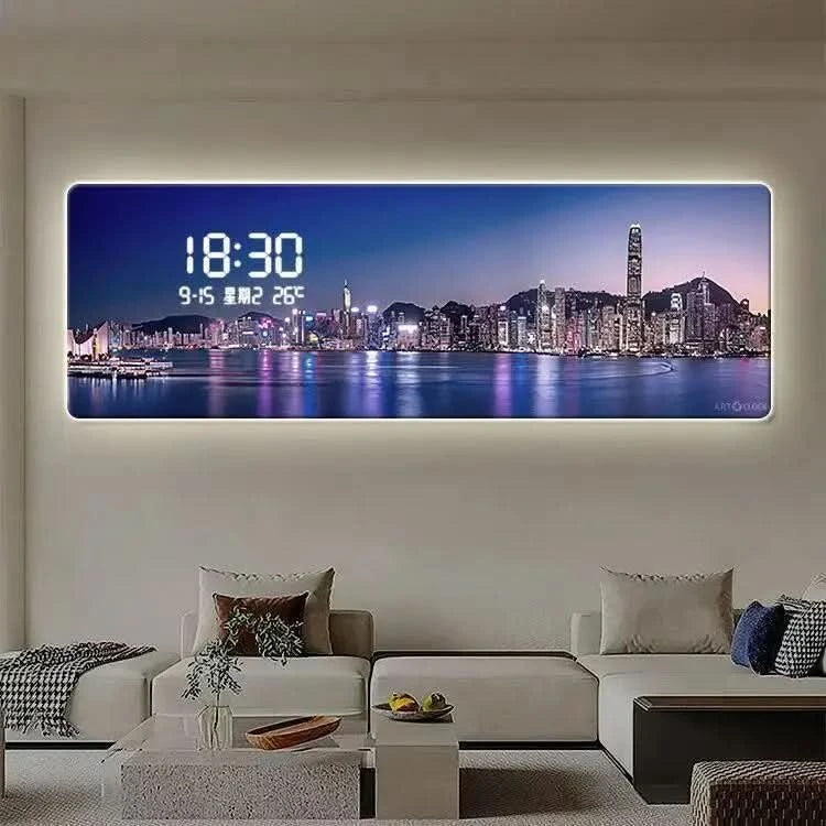 Modern Urban Night Scene Bedroom Bed Head Hanging Art Electronic Clock Landscape Architecture Living Room Sofa Background Wall D