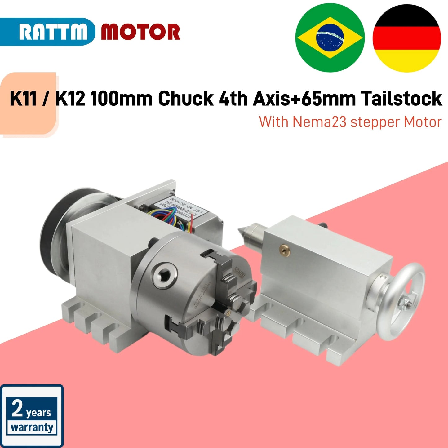 【EU&Brazil Stock】4 Axis Rotation A Axis Extend Rotary 4 Jaw 100mm K12-100 Chuck Nema23 Motor &Tailstock for Wood Metal Milling