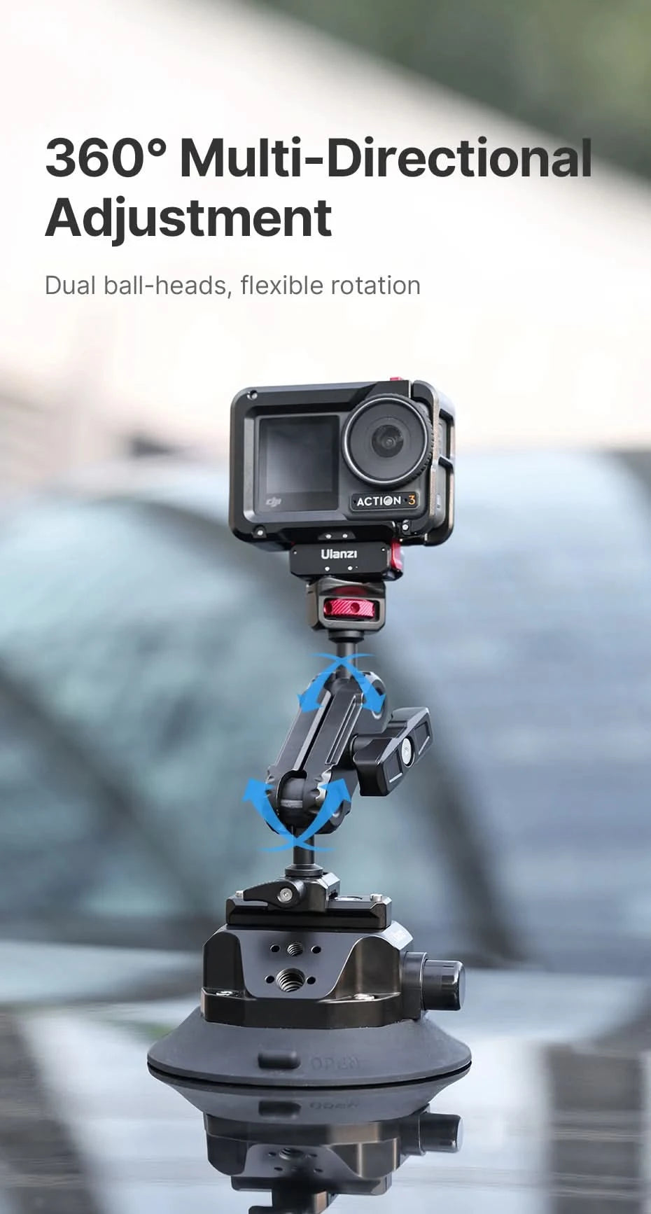 Ulanzi Auto-Handy-Action-Kamerahalterung Handpumpe Saugnapf 360° verstellbar 1/4" für GoPro für Insta360 DJI Action Smartphone