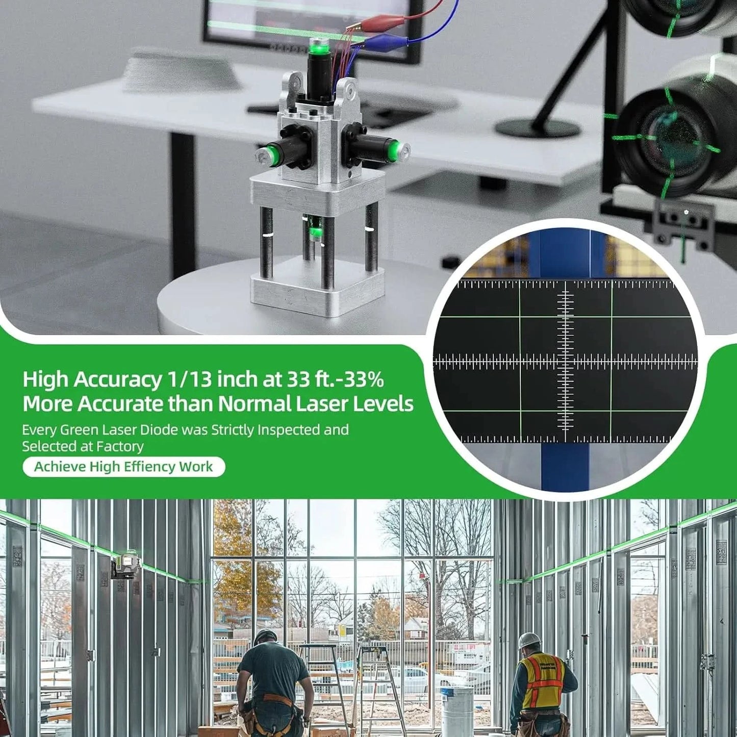 Huepar 4D Cross Line Laser Level High Accuracy ±2mm/10m Self Leveling Green Laser Tools With 8000mAh Li-ion Battery & Receiver