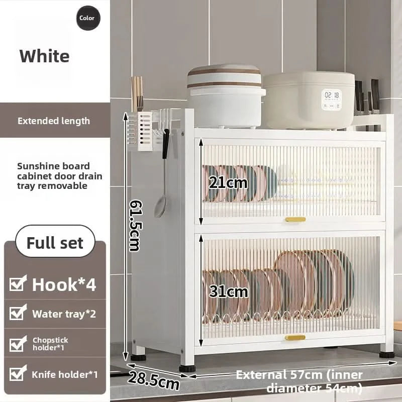 Kitchen cupboard storage box with door, dust-proof bowl rack, countertop, dish storage rack, chopsticks, dishes, drain rack