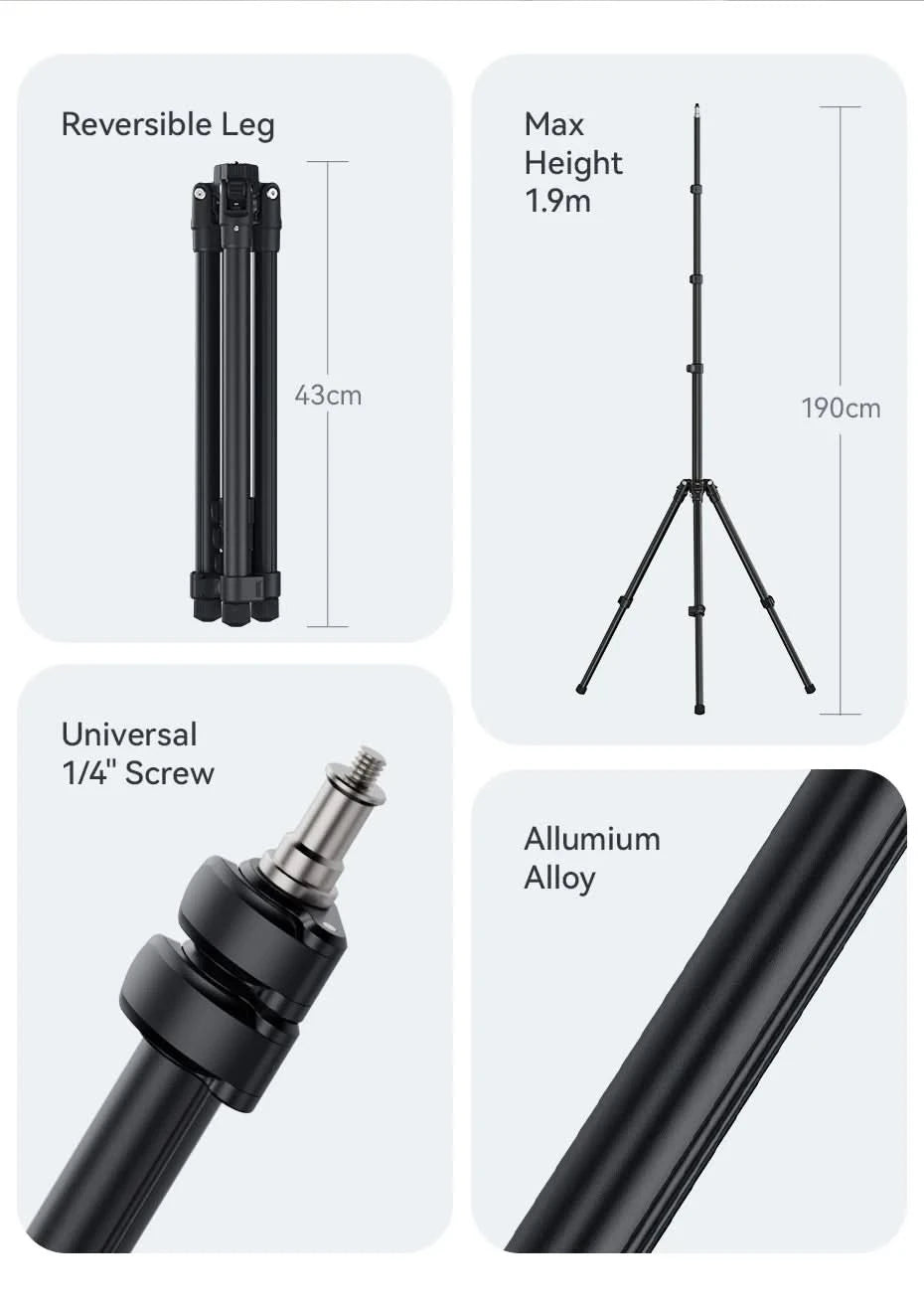 Ulanzi TT43 Reversible Leg Light Stand 1.9m Foldable Portable Light Stand Tripod for Max Load 3kg for DSLR Camera Smartphone