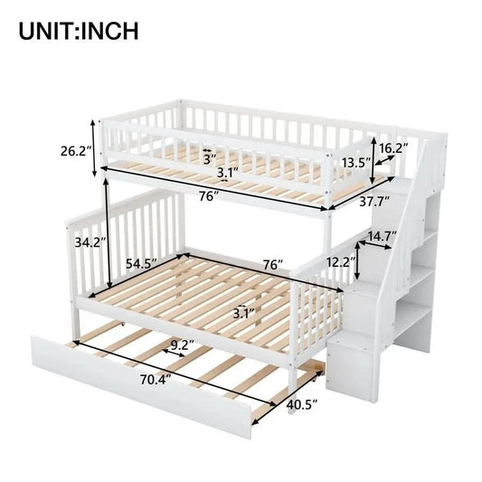 Harper Bright Designs Twin Over Full Bunk Beds with Twin Size Trundle Stairway, Solid Wood Bunk Bed Twin Over Full Size with St