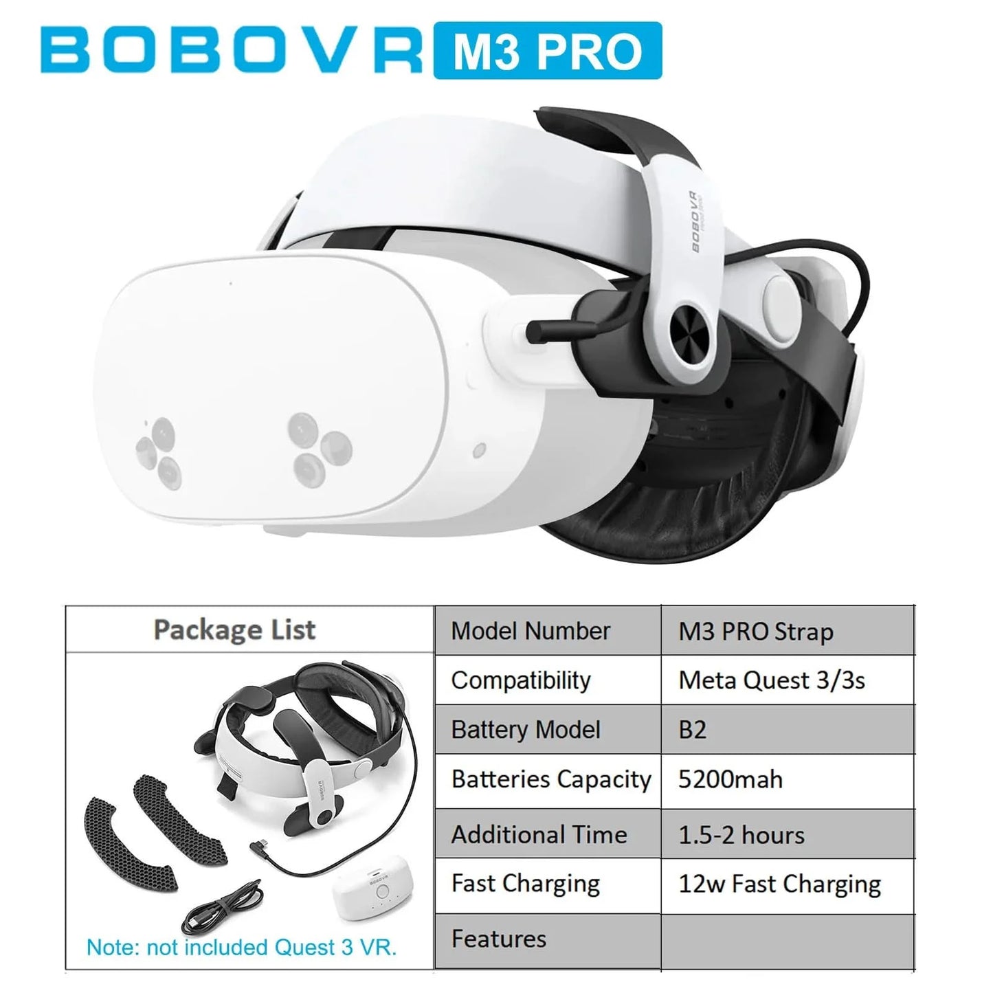 BOBOVR Head Strap kompatibel mit Meta Quest 3/Quest3S BOBOVR S3 Pro/E3PRO/M3 Pro Akku-Kopfband VR-Zubehör