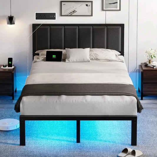 Bed Frame with Headboard Metal Platform Bed with USB Charging Station and LED Lights, No Box Spring Needed Customized
