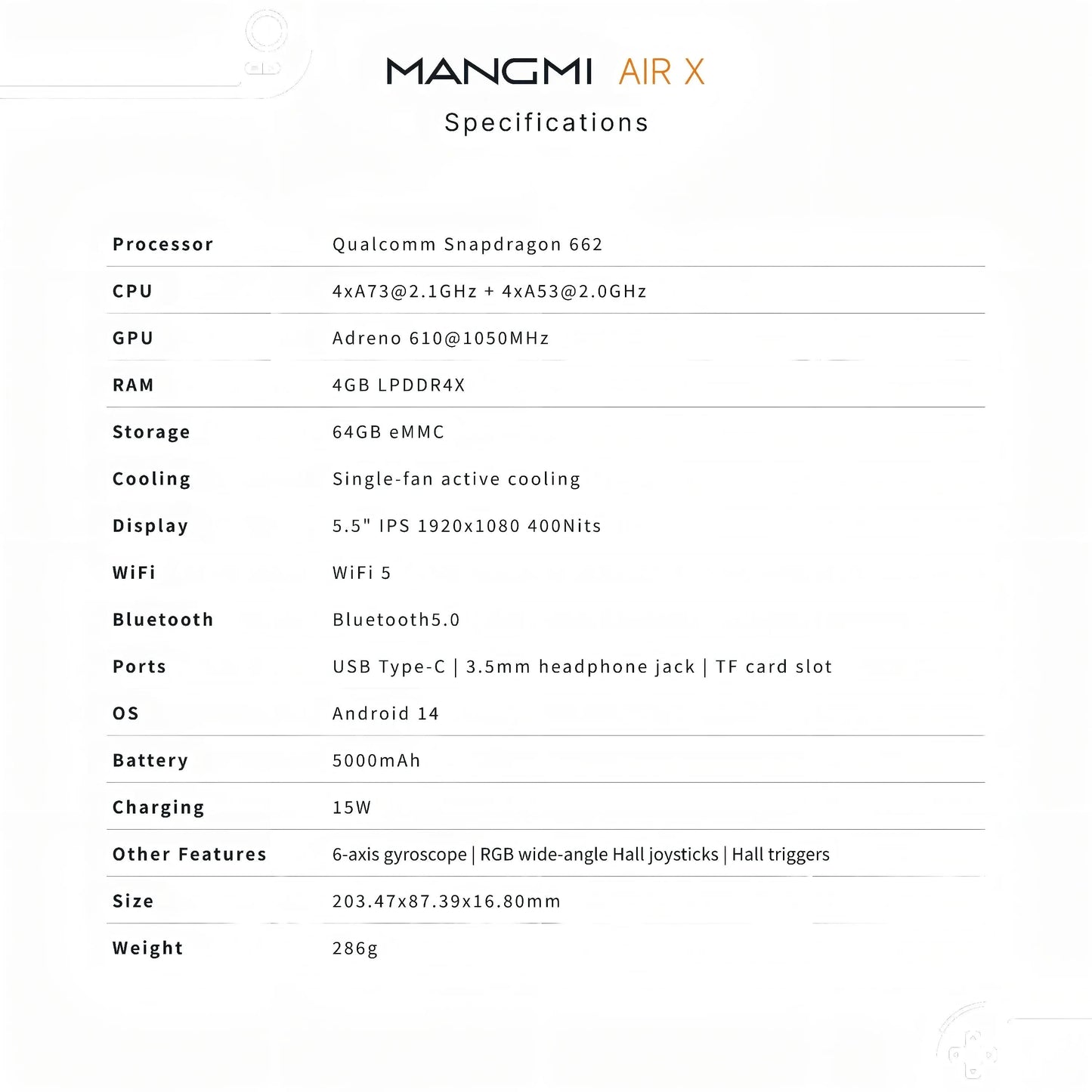 MANGMI AIR X Retro-Gaming-Handheld-Konsole Snapdragon 662 mit 5000mAh Akku 5,5-Zoll-Bildschirm RGB-Hall-Joystick-Spielkonsole