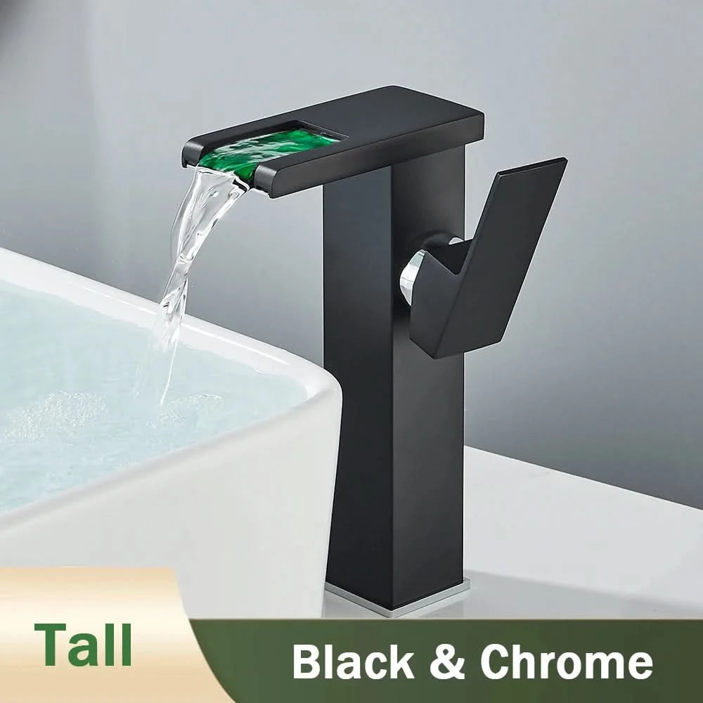 Rozin LED Bathroom Basin Faucet Black Waterfall Sink Faucets Hydroelectric LED Deck Mounted Crane Hot Cold Water Mixer Tap