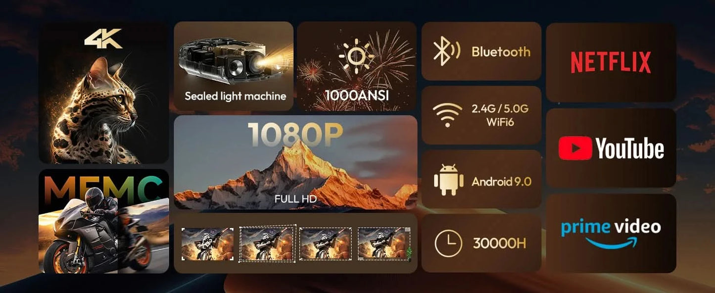 VEVSHAO Full HD Beamer A22 4K Video Smart TV für Zuhause WIFI 1080P 1000 Lumen Beamer Media Video Player Smart Beamer