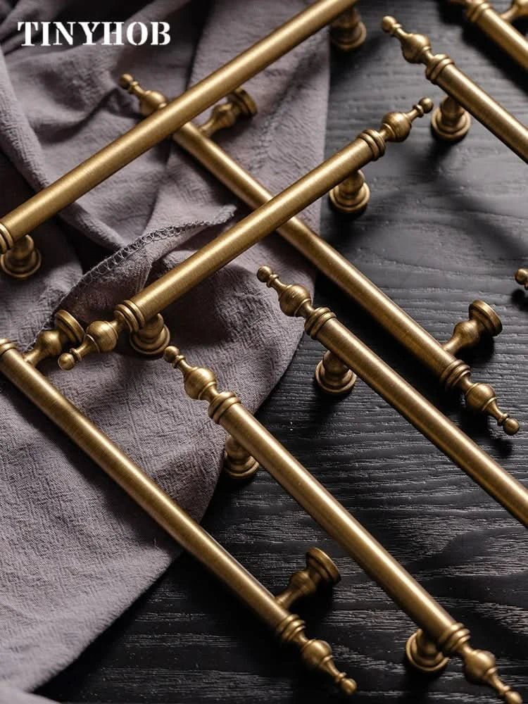 Tinyhob Solid Antique Bronze Pull Brass Cabinet Knobs T Bar Funiture Wardrobe Appliance Handle Long Pull Drawer Handle
