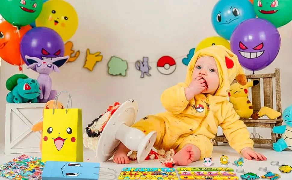Pokémon-Geburtstagspartygeschenke für Kinder, 110-teiliges Pokémon-Partyzubehör – Pikachu-Geschenktüten, Abzeichen, Aufkleber usw. Pokémon-Partygeschenke