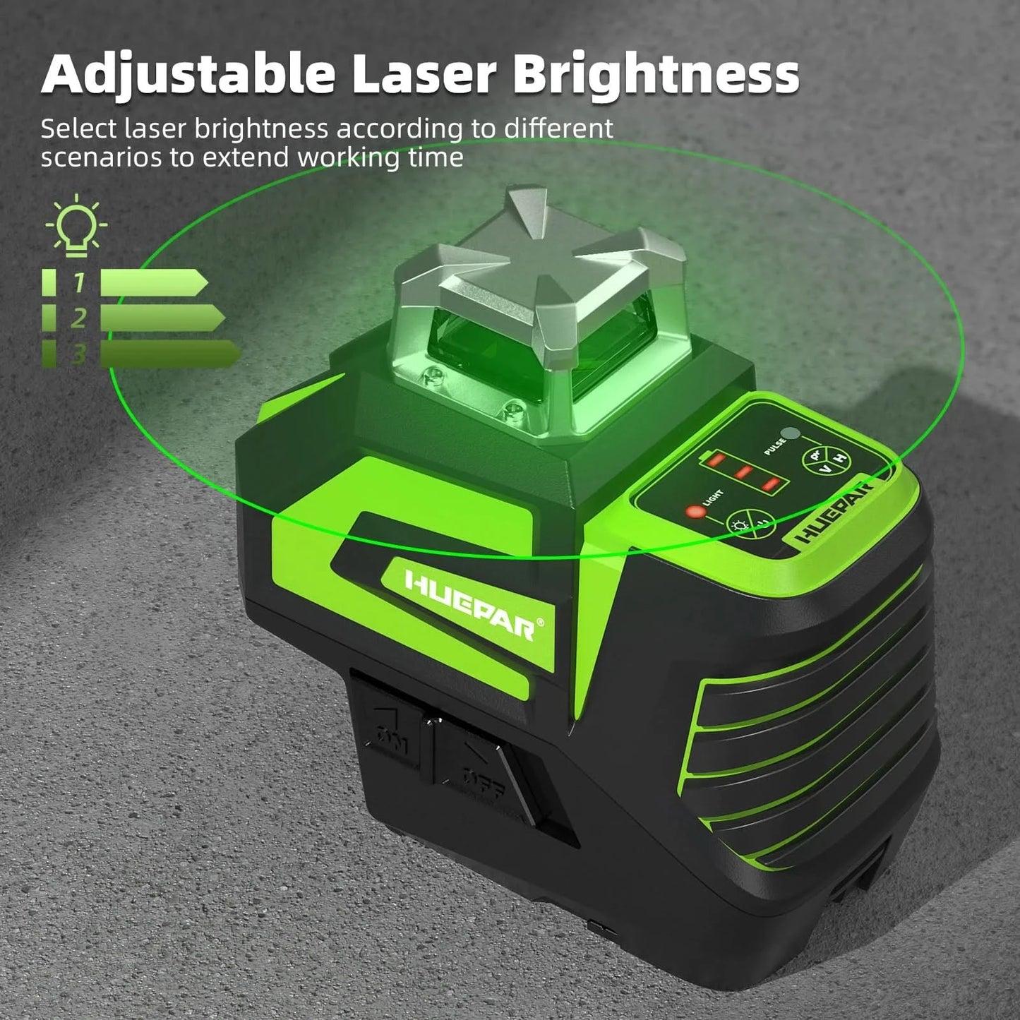 Huepar 7211CG Grüner Kreuzlinienlaser mit Selbstnivellierung, 2 Lotpunkten, Li-Ionen-Akku, 360° Horizontal-Linie und großer Fächeröffnung, Laser-Messgerät