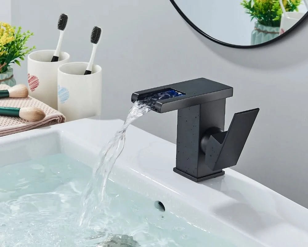 Rozin LED Bathroom Basin Faucet Black Waterfall Sink Faucets Hydroelectric LED Deck Mounted Crane Hot Cold Water Mixer Tap