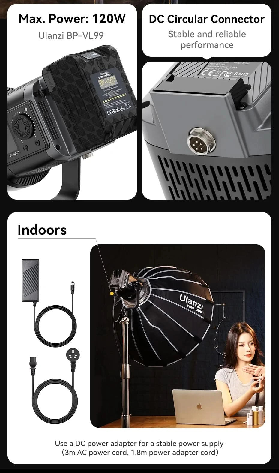 Ulanzi VL-120Bi VL-120C 120W V-Mount Videoleuchte mit kabelloser Steuerung CRI 95+ 2700K-6500K COB Lampe für Innen- und Außenaufnahmen
