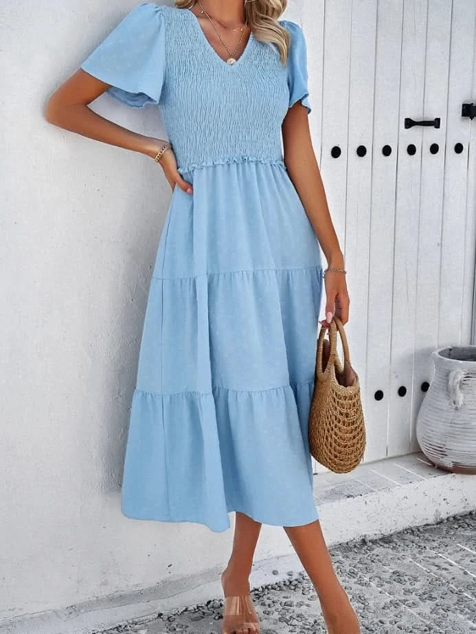 Women's Casual Solid V-Neck Short Sleeve A-Line Dress Temperament Commuting Summer New Fashion Women Clothes Pullover Dresses