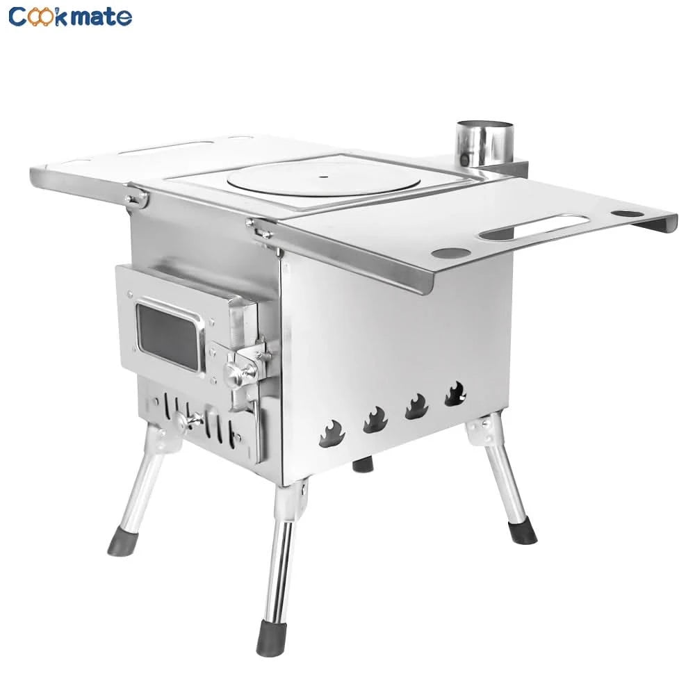 Camping Wood Stove Fire View Side Glass Portable Folding Wood Burner with Chimney Stainless Steel Tent Heater for Ice Fishing