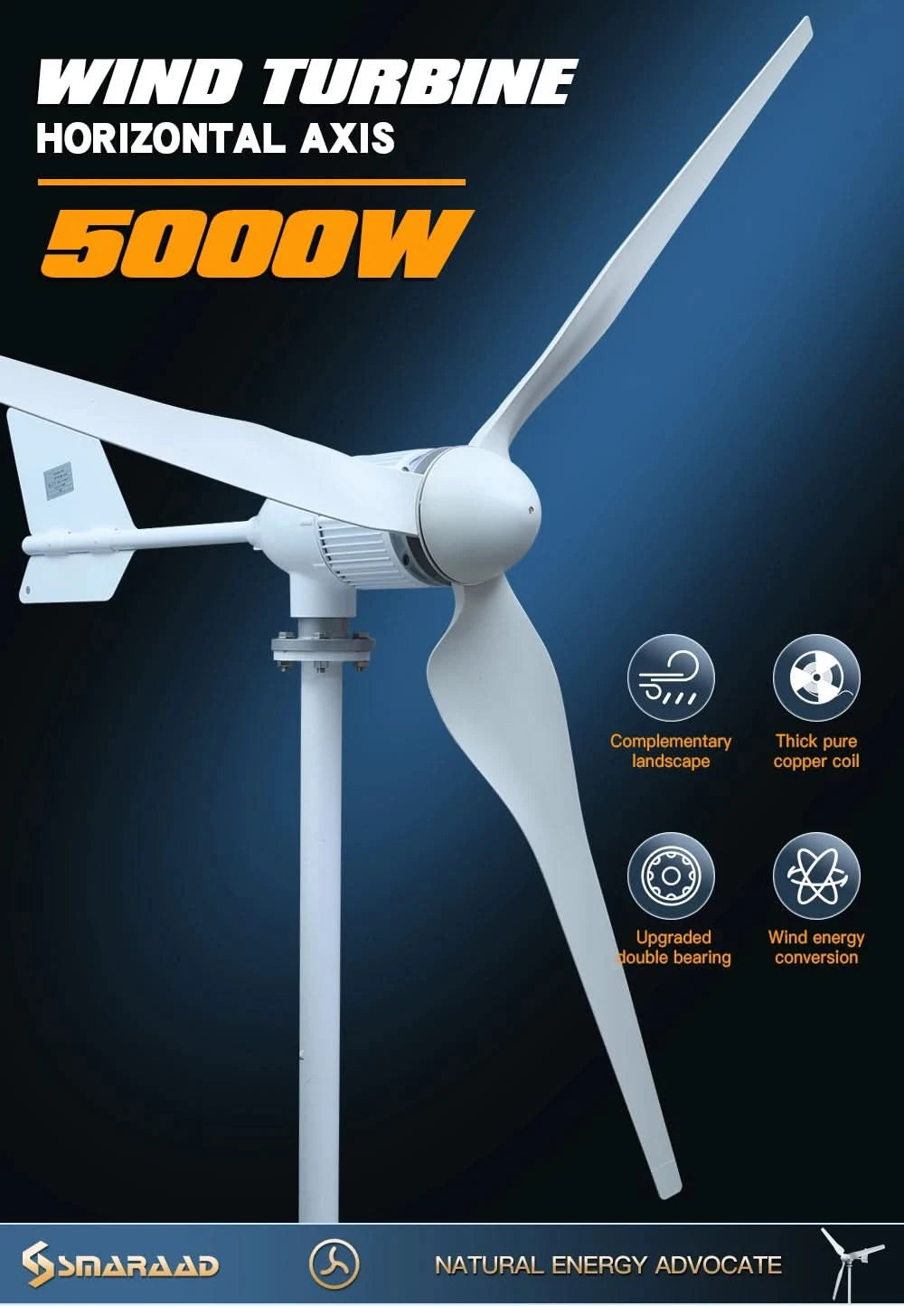 5000 W 2 kW Horizontale Windkraftanlage Generator 96 V 48 V 24 V Freie Energie Magnet Dynamo Starke Leistung 220 V Wechselrichter Ausgang für Zuhause