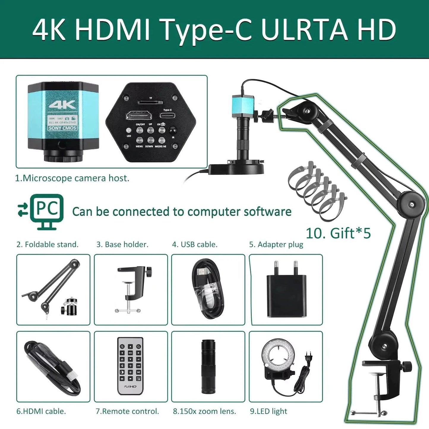 Full HD 4K Electron Microscope For Soldering IMX415 48MP HDMI USB Digital Camera 150X Lens Reinforced Bracket Reduces Vibration