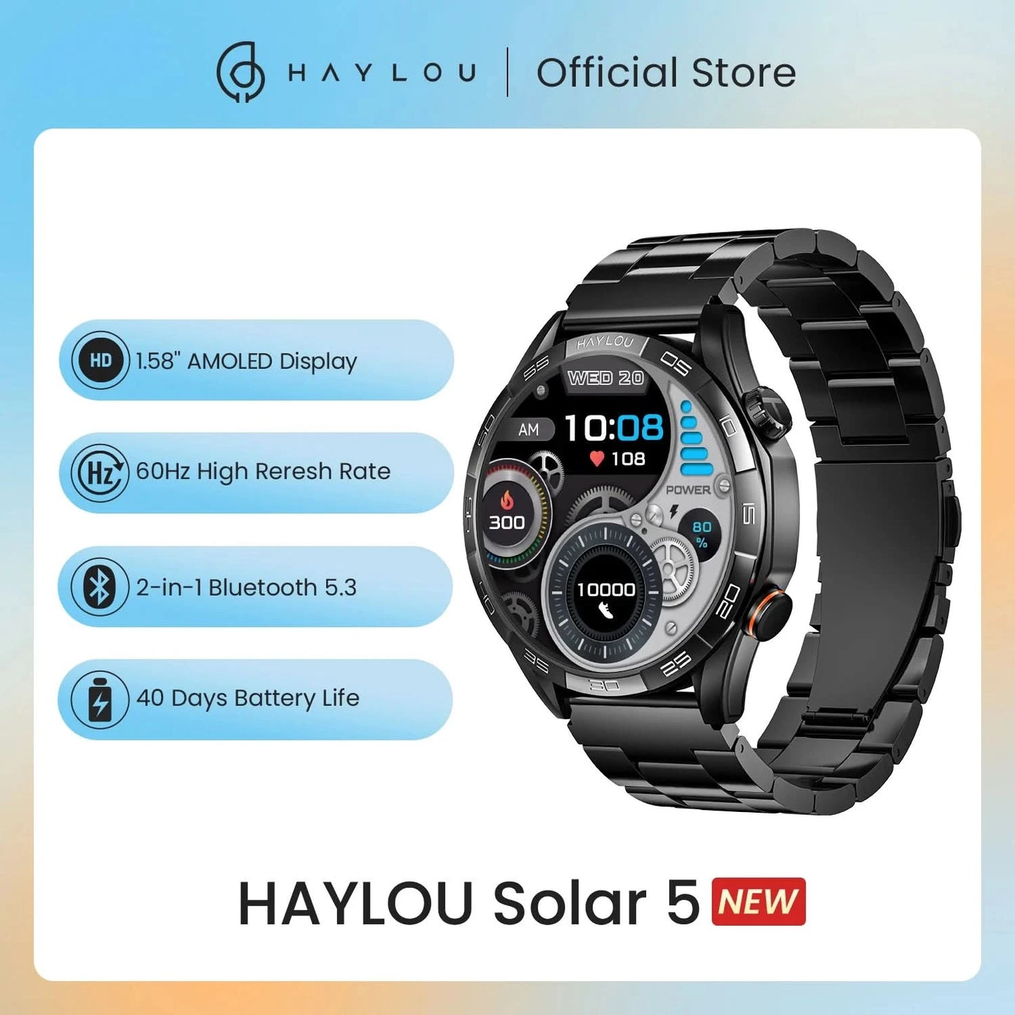 HAYLOU Solar 5 Smartwatch mit Sprachanrufen 1.58'' AMOLED Display 60Hz Smart Watch 24H Gesundheitsüberwachung Sport-Smartwatch für Herren