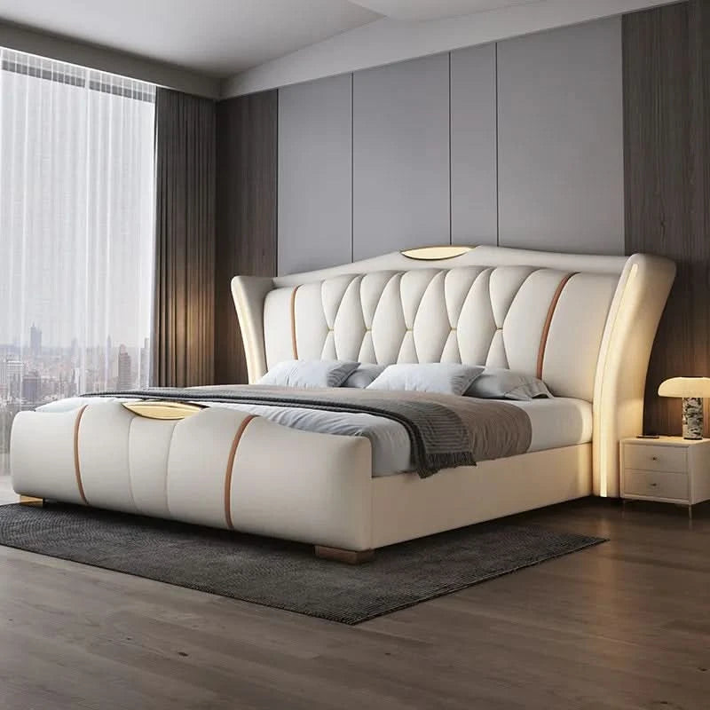 Home Leather bed with light modern minimalist lit 150x200 180x200 200x220 cm Double bed 2 people bedroom beds frames Furniture
