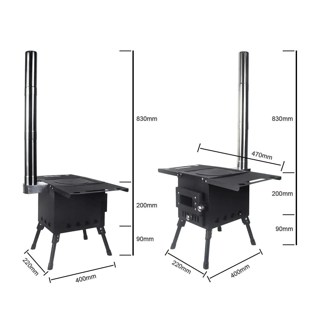 Camping Wood Stove Fire View Side Glass Portable Folding Wood Burner with Chimney Stainless Steel Tent Heater for Ice Fishing