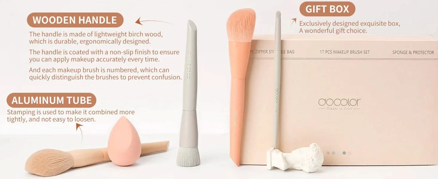 Docolor 17Pcs Makeup Brushes Set Eye Shadow Blush Powder Blending Foundation Cosmetic Brush  With Makeup Sponges And Bag