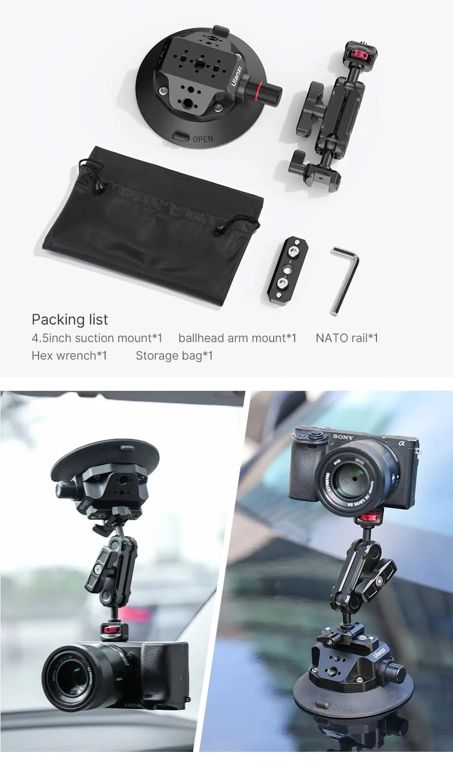 Ulanzi Auto-Handy-Action-Kamerahalter Handpumpe 360° Saugnapf verstellbar professionell für GoPro für Insta360 für DJI Action