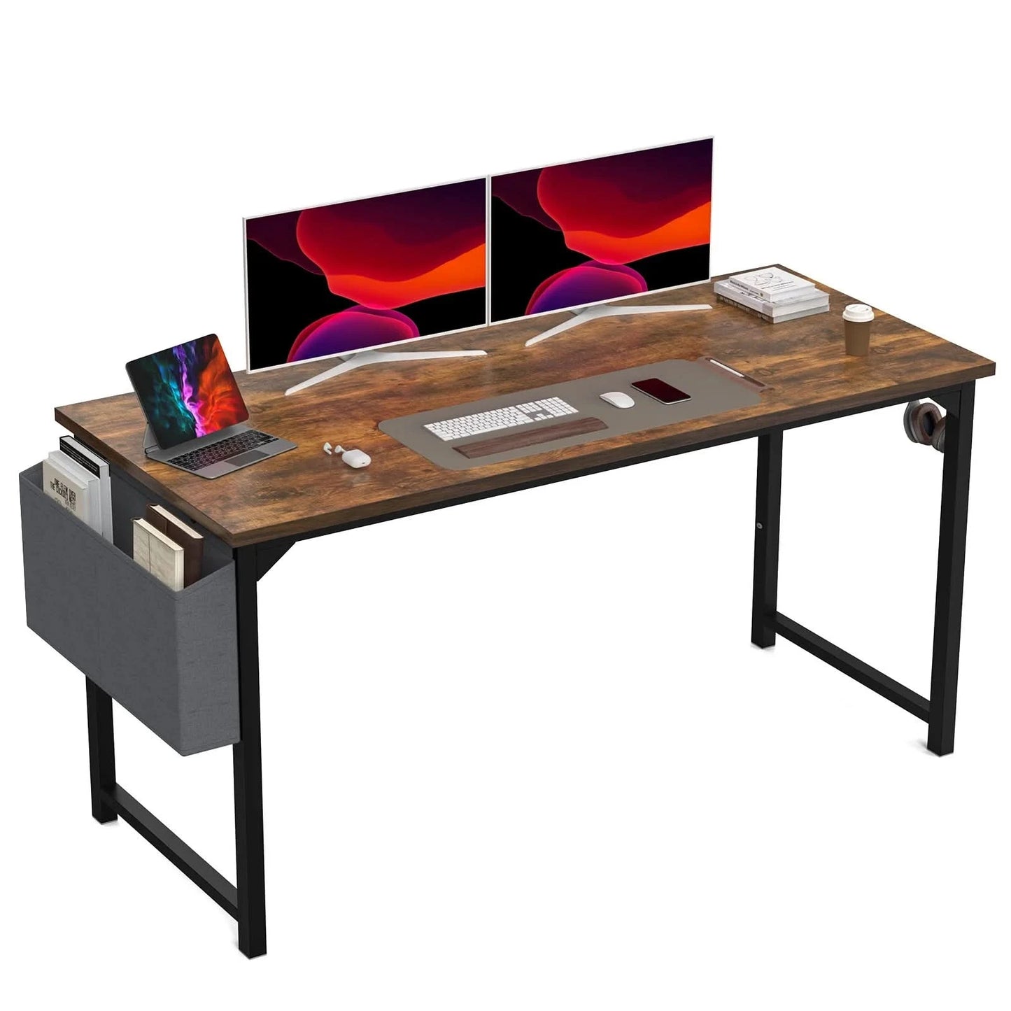 JHK Computertisch Schreibtisch Büro Gaming-Tisch Modern Einfacher Stil Kompakt mit Seitentasche Kopfhörerhaken Leichte Montage