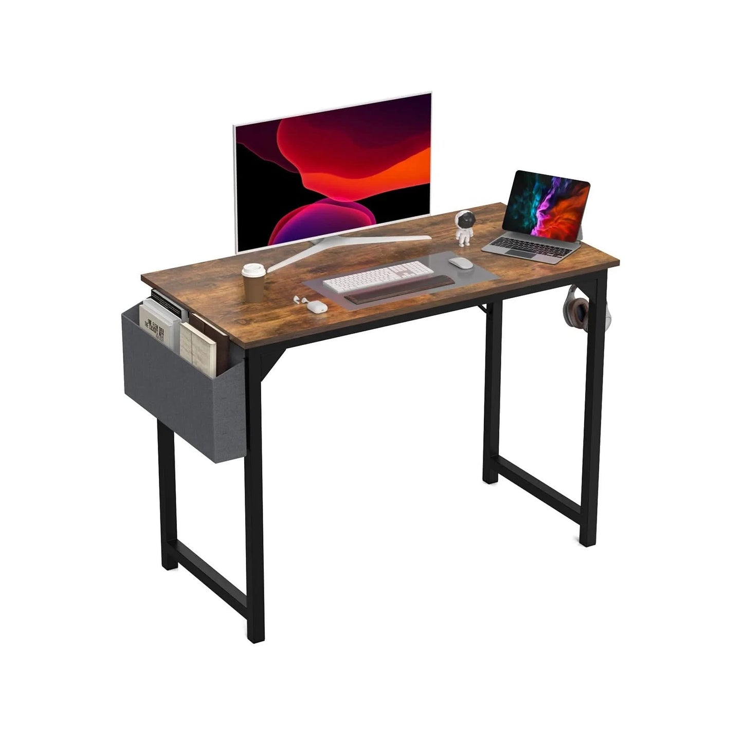 JHK Computertisch Schreibtisch Büro Gaming-Tisch Modern Einfacher Stil Kompakt mit Seitentasche Kopfhörerhaken Leichte Montage