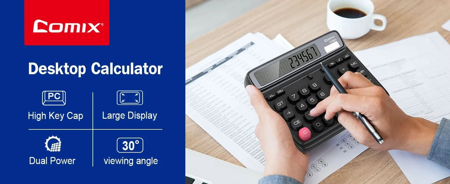 Comix Desktop Calculator, Computer Keys 12 Digit Large Display, Dual Power Black Electronic Calculator for Office Home
