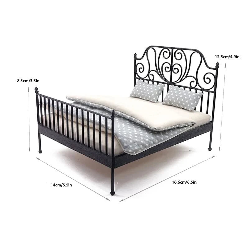 1/12 Dollhouse Simulation European Bed With Mattress Pillow Quilt Doll Home Iron Art Double Bed Bedroom Furniture Decoration Toy