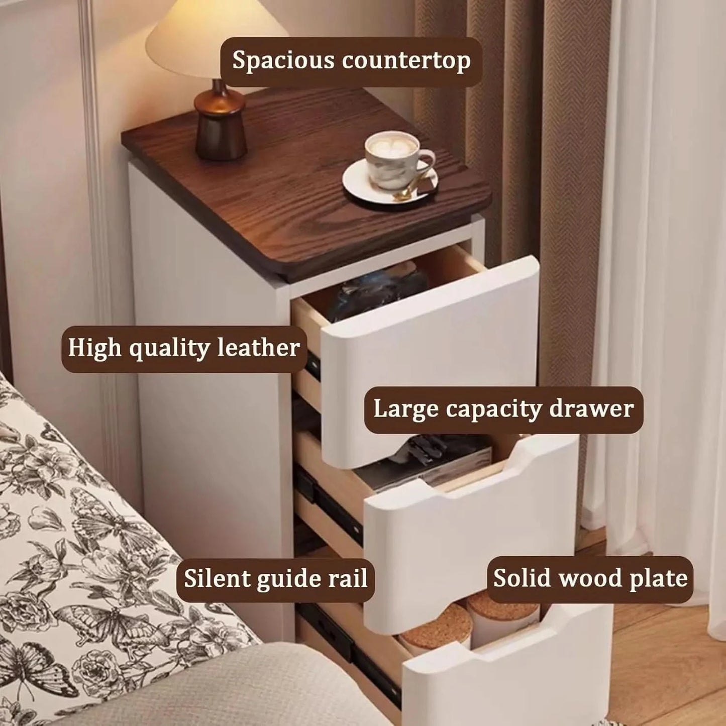 Bed Side Tables Bedroom, Night Stand with Drawers & Hidden Handle, Full Floor Cabinet Legs for Study, Living Room